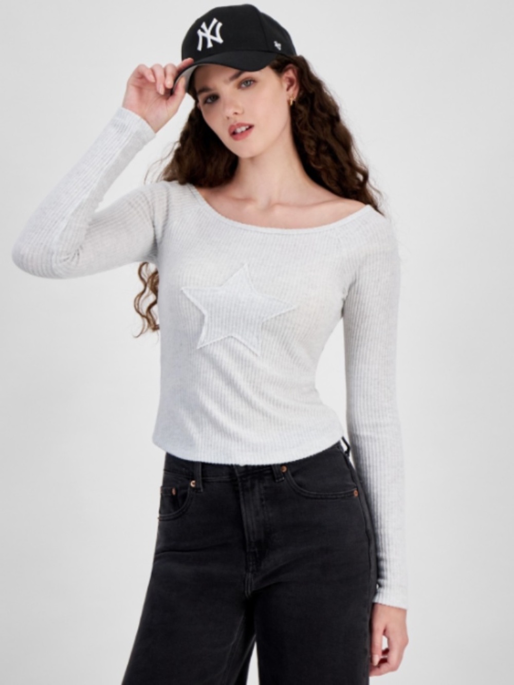 Just Polly Juniors' Star-Patch Rib-Knit Top - Light Heather Grey SIZE L NWT